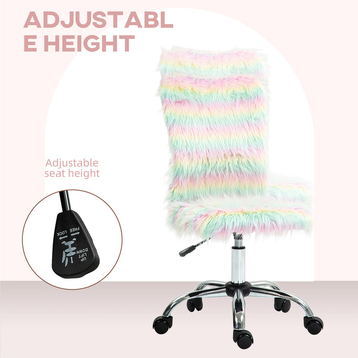 HOMCOM Armless Computer Desk Chair, Fluffy Fabric Swivel Office Chair, Makeup Vanity Chair with Height Adjustable, Wheels, for Home Study Bedroom, Unicorn Tone | Aosom UK