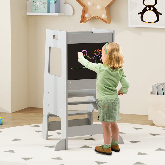 Toddler Kitchen Step Stool with Activity Chalkboard and Adjustable Height-
