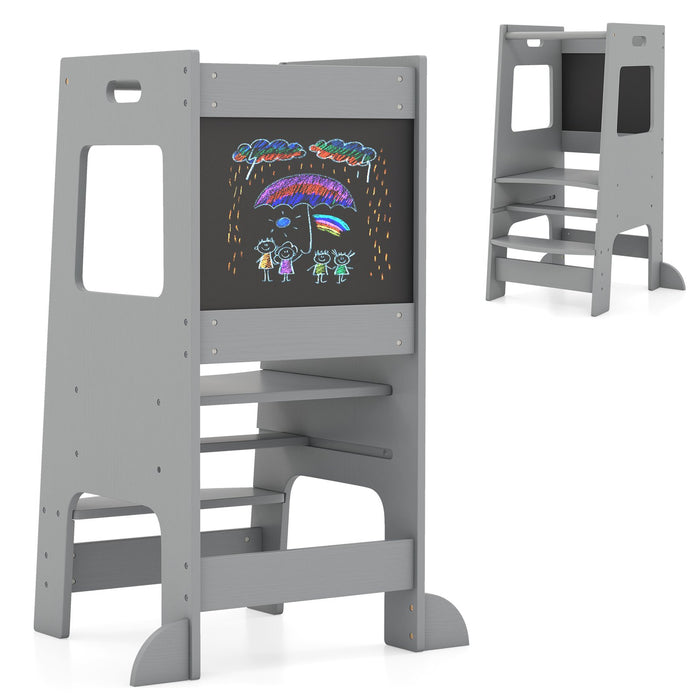 Toddler Kitchen Step Stool with Activity Chalkboard and Adjustable Height-