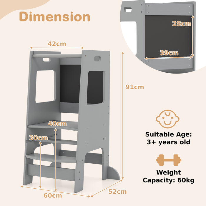Toddler Kitchen Step Stool with Activity Chalkboard and Adjustable Height-