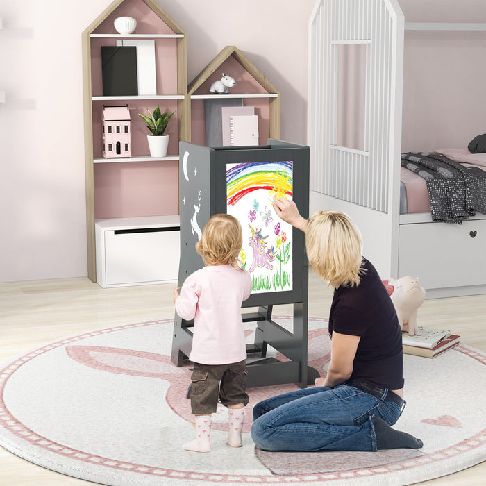 Kitchen Stool Helper for Toddlers - Features Chalkboard and Whiteboard - Ideal For Engaging Children in Cooking Activities
