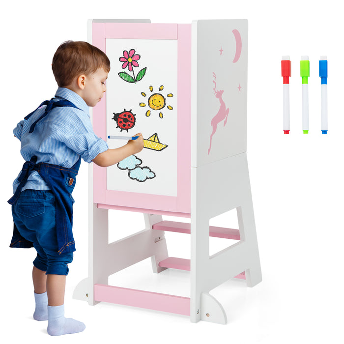 Kitchen Stool Helper for Toddlers - Features Chalkboard and Whiteboard - Ideal For Engaging Children in Cooking Activities