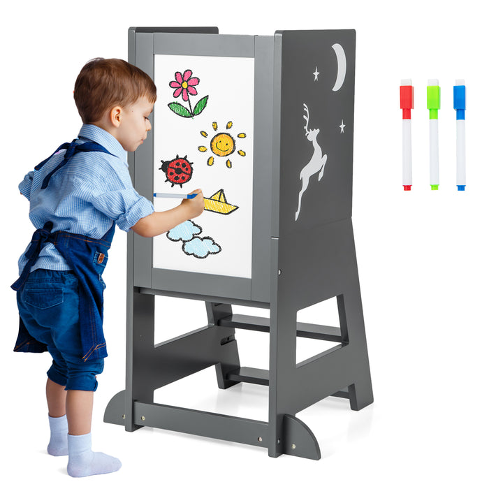 Kitchen Stool Helper for Toddlers - Features Chalkboard and Whiteboard - Ideal For Engaging Children in Cooking Activities