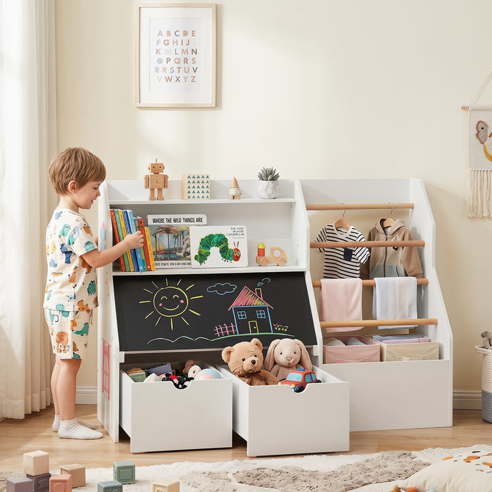 Toy Storage Organizer with Flip-up Blackboard and Movable Drawers for Playroom-