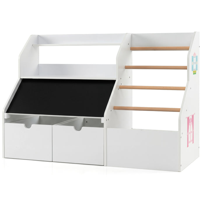 Toy Storage Organizer with Flip-up Blackboard and Movable Drawers for Playroom-