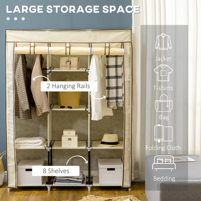 HOMCOM Fabric Wardrobe, Portable Wardrobe, Clothes Storage Unit with 8 Shelves, 2 Hanging Rods, 125 x 43 x 162.5 cm, Cream White