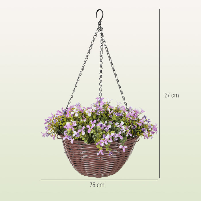 HOMCOM Artificial Flowers in Basket Set of 2, Artificial Hanging Baskets with 75 Leaves and 15 Flowers in Pot, Decorative Plant for Home Office Decor, Purple