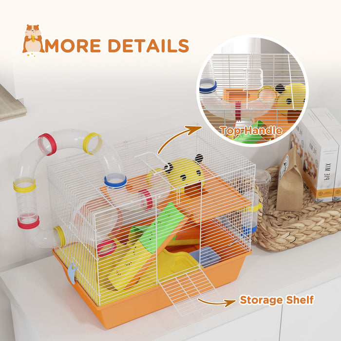 Trio-Tier Gerbil Haven - Spacious Hamster Cage with Fun Tubes and Exercise Wheel, Includes Ladder and Top Handle - Ideal Pet Home for Small Rodents, 45x28x37 cm, Vibrant Orange
