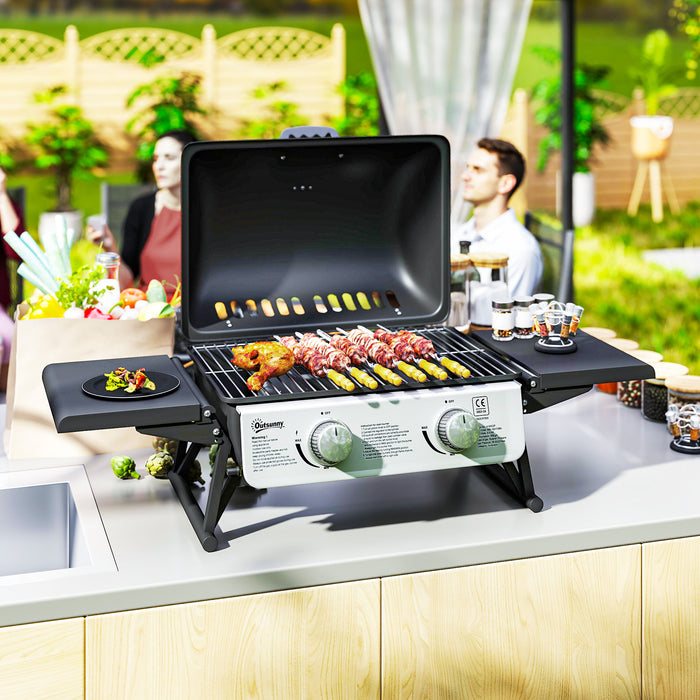 Outsunny 2 Burner Gas BBQ Grill with Foldable Side Tables, Portable Tabletop Gas Barbecue Grill with Built-in Thermometer, Lid, Grease Tray for Garden Party Camping Picnic Outdoor Cooking 5.6KW, Black