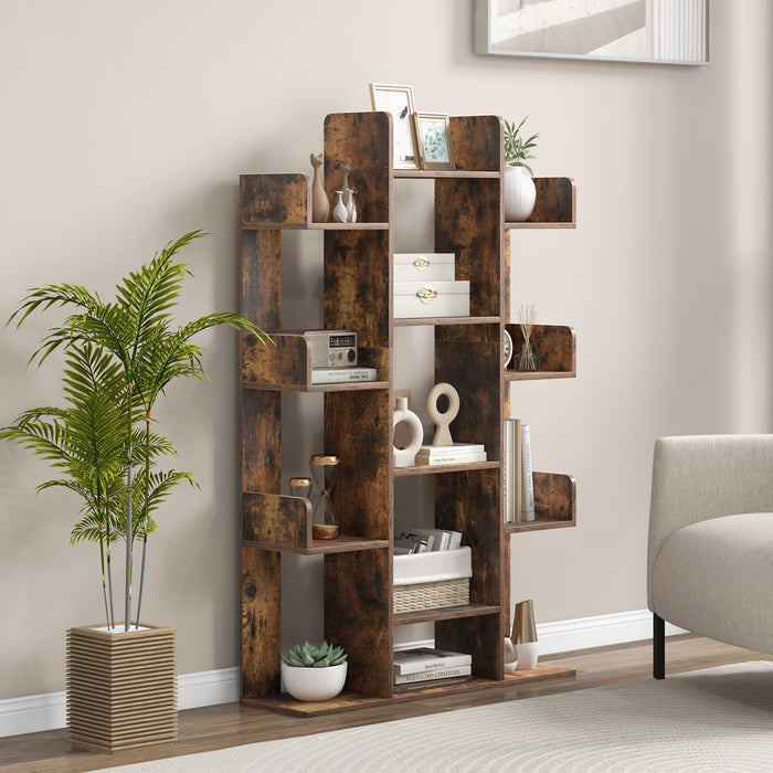 Corner Bookshelf with 13 Open Shelves - Tree-Shaped Book Storage Organizer - Ideal for Limited Space Areas