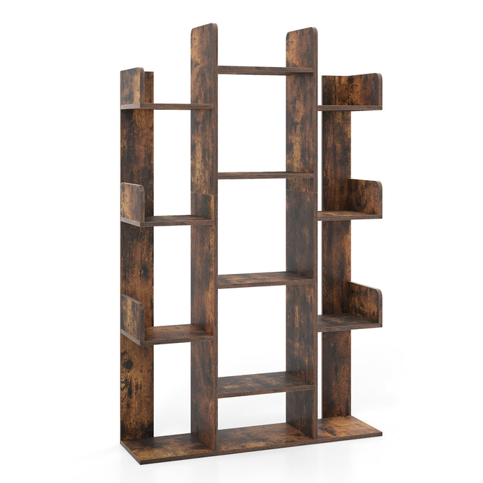 Corner Bookshelf with 13 Open Shelves - Tree-Shaped Book Storage Organizer - Ideal for Limited Space Areas