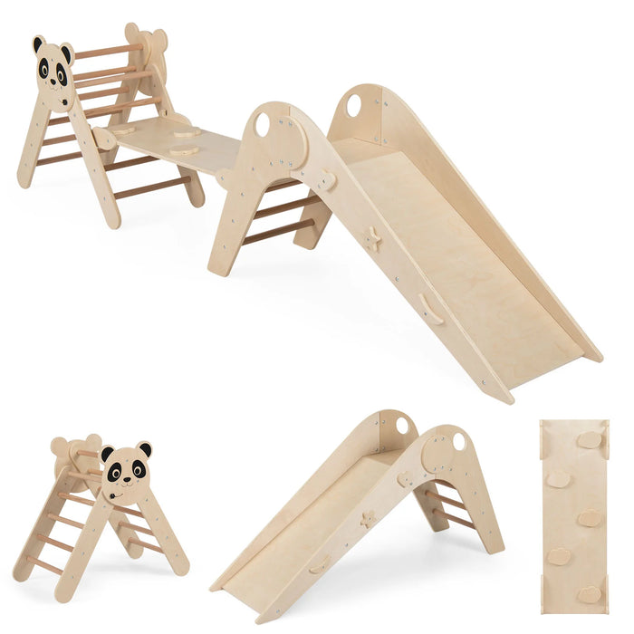 Triangle Set Foldable Kids Climbing Toys Panda-Themed Wood Montessori Climbing Set-