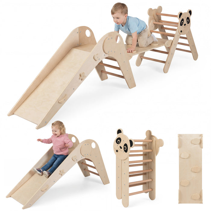 Triangle Set Foldable Kids Climbing Toys Panda-Themed Wood Montessori Climbing Set-