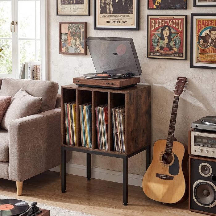 Turntable Stand with Vinyl Storage Shelves and Raised Metal Legs-
