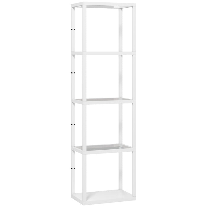 HOMCOM LED Floor Lamp with Glass Shelves, 4 Layers Dimmable Tall Standing Lamp, Modern Column Shelf Floor Light for Living Room, Bedroom, Office, White
