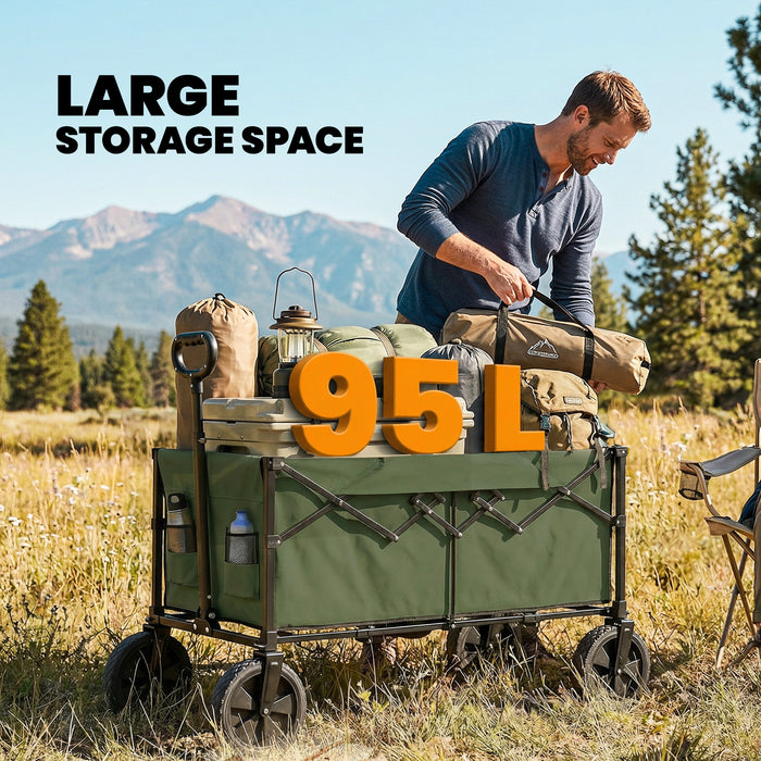 Outsunny 95L Foldable Festival Trolley on Wheels, Collapsible Wagon Cart with Adjustable Handle and 2 Cup Holders, Dark Green