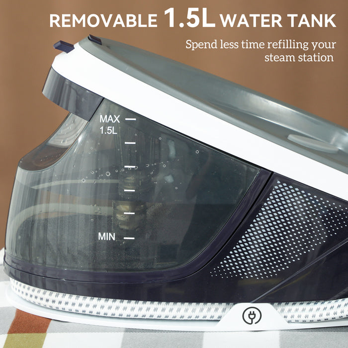 HOMCOM Steam Generator Iron with ECO Mode, Self-Cleaning, Powerful Vertical Steam, Automatic Shut-Off, Ceramic Non-stick Soleplate, Large 1.5L Detachable Water Tank, 8 Bar, 2600W, Blue