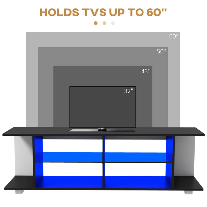 Modern 145cm TV Stand with RGB LED Lighting - Glass Shelving, Fits 32-60 inch 4K Televisions, Black - Ideal for Contemporary Home Entertainment Setup