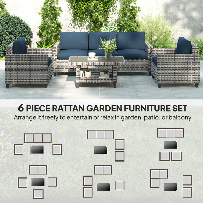 Outsunny 6 Pieces Rattan Garden Furniture Set, 5 Seater Wicker Outdoor Furniture Set with 2 Armchairs, Steel Frame Coffee Table and Cushions for Balcony, Porch, Navy Blue