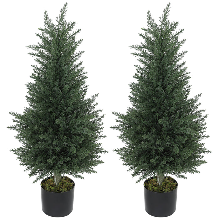 HOMCOM Set of 2 Decorative Artificial Plant, 90 cm Cypress Tree with 362 Leaves in Pot, UV-Resistant Plastic Fake Tree for Indoor Outdoor Home Office
