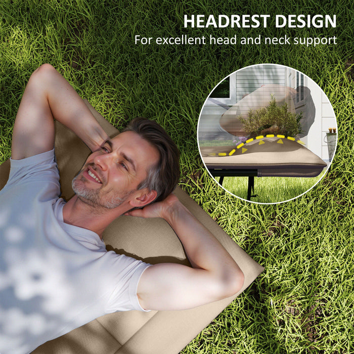 Outsunny Folding Camping Bed for Adults with Cushion, Heavy Duty Portable Travel Camping Cot with Headrest, Side Pocket and Non-Slip Foot Pads for Outdoor Beach Travel Office, Khaki