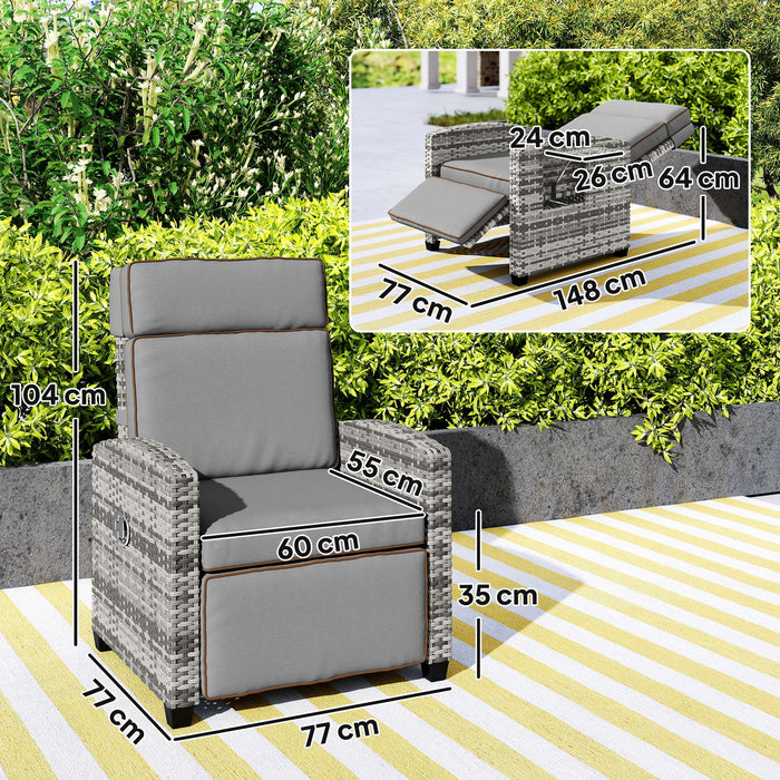 Outsunny Rattan Garden Recliner Chair, Adjustable Backrest Reclining Rattan Chair with Flip Table, Cushion and Footrest, Indoor Outdoor Lounge Reclining Sun Lounger for Patio, Mixed Grey/Grey