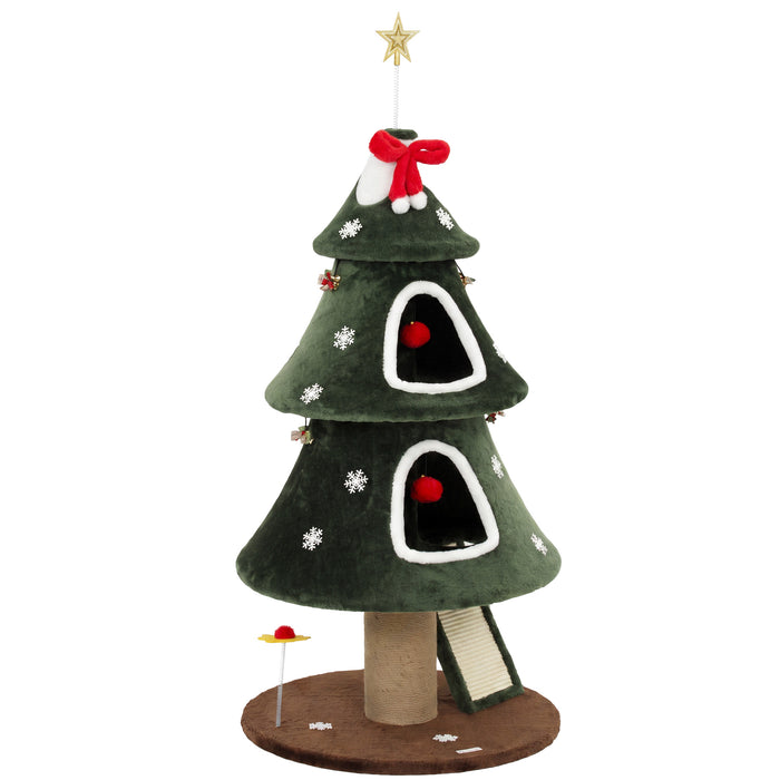PawHut Cat Tree, Christmas Cat Tower with Dual Condos, Sisal Ladder, Jute Posts, Anti-Tip Rope, Hanging Balls, 60 x 60 x 132 cm