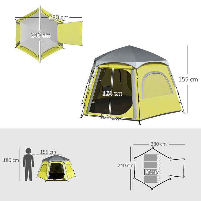 Outsunny Instant Camping Tent, 2/3/4 Person Easy Setup Family Tent with Vestibule, Rainfly, 4 Mesh Windows & 2 Doors, Hexagonal Design, Waterproof UV Protected Dome Tent, Yellow Green