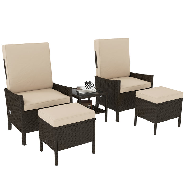 Outsunny 5 Piece Rattan Garden Furniture Set, Wicker Outdoor Furniture with 2 Armchairs, 2 Footstools and Glass Top Coffee Table with Shelf, Cushions for Patio Balcony, Khaki