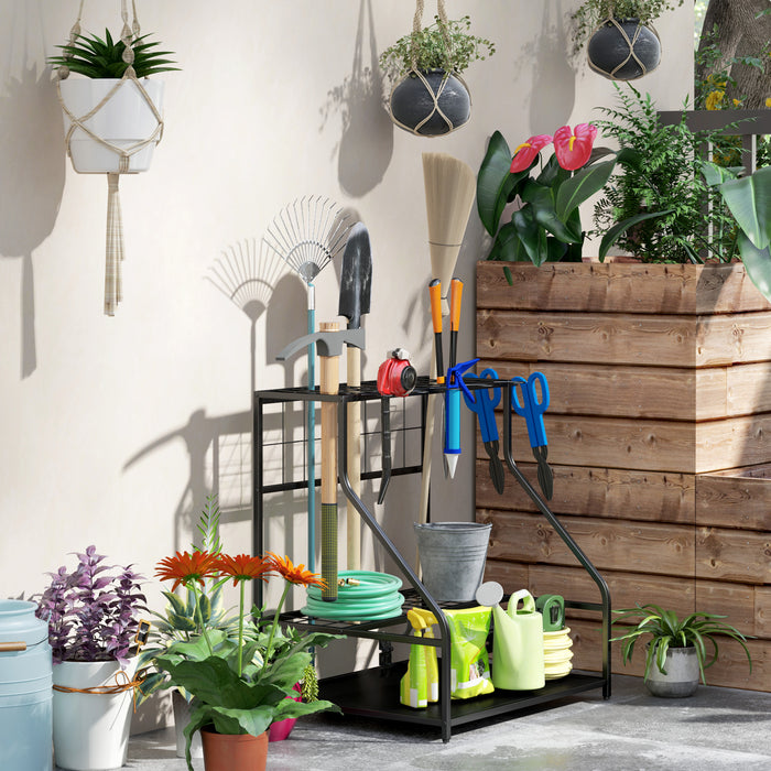 Outsunny Garden Tool Storage Rack, 3-Tier Garden Tool Rack with 11 Hooks for Long-Handled, Broom, Shovel, Rake, Holds 20 Tools