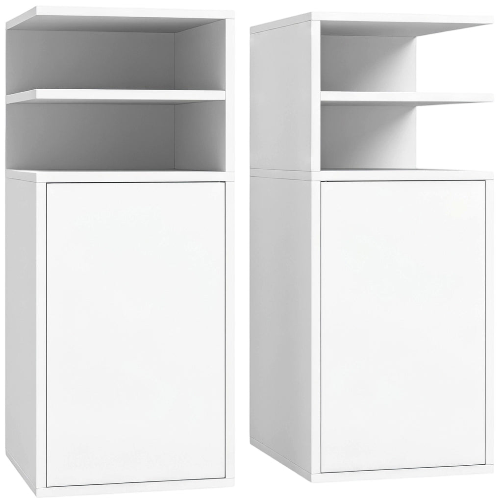 HOMCOM Slim Bedside Table Set of 2, Narrow Bedside Cabinet with Open Cubbies and Cupboard for Bedroom Living Room, White