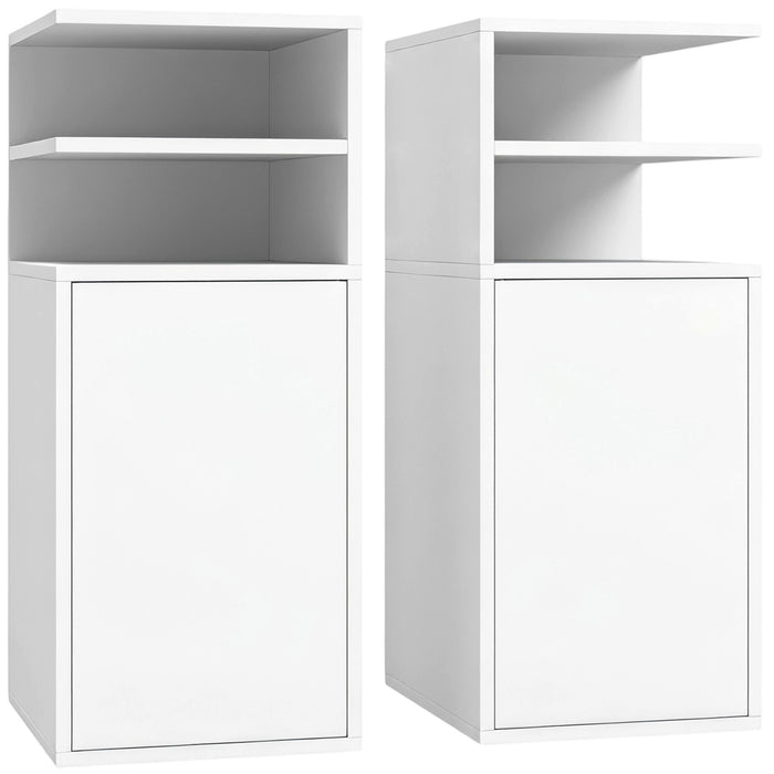 HOMCOM Slim Bedside Table Set of 2, Narrow Bedside Cabinet with Open Cubbies and Cupboard for Bedroom Living Room, White