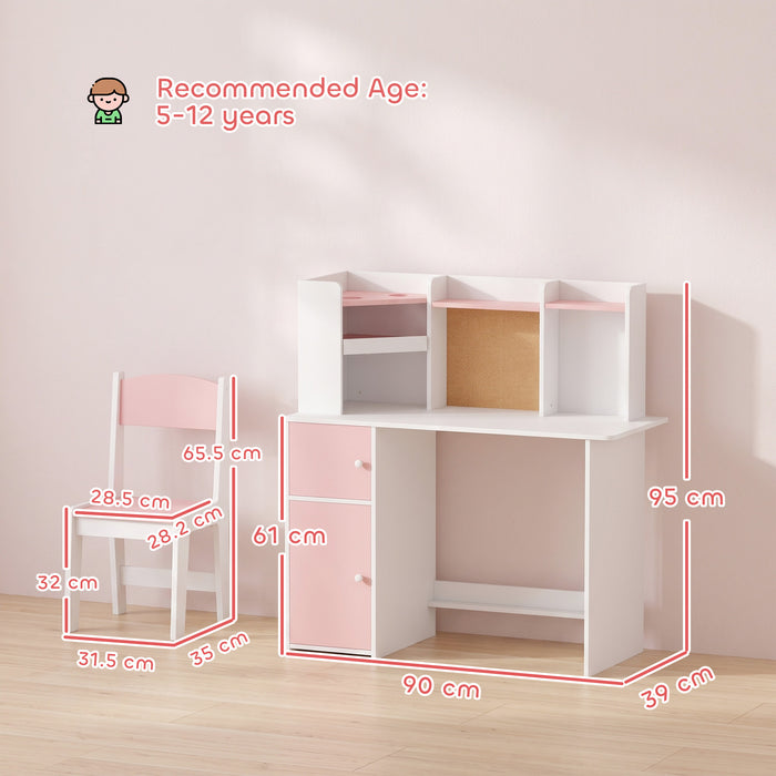 AIYAPLAY Kids Desk and Chair Set Storage Shelves Kids Desk Adjustable Tablet Stand Cork Board Pen Holder Pink