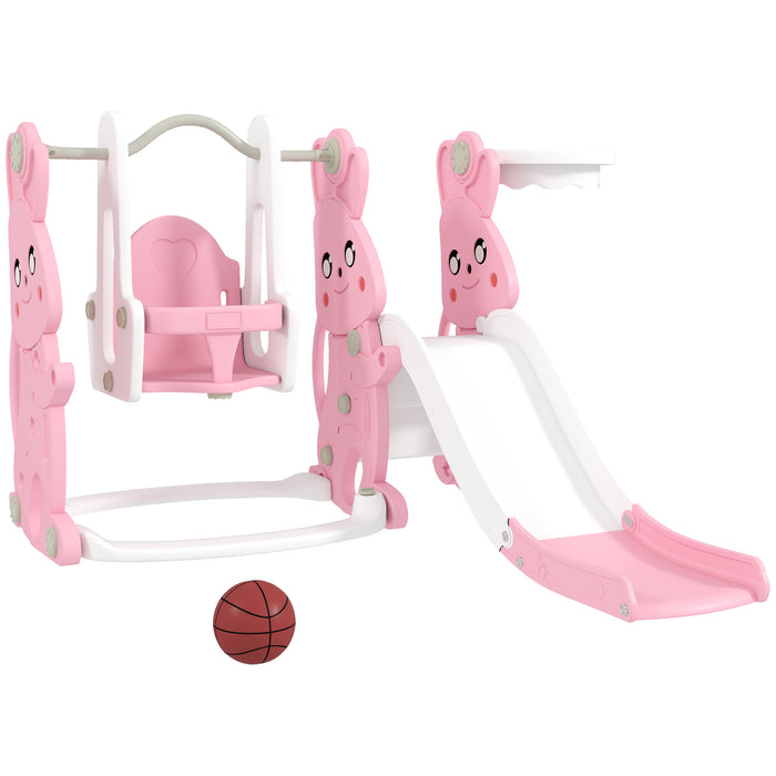 AIYAPLAY 4 in 1 Kids Slide and Swing Set with Climber, Basketball Hoop, Rabbit-Themed, Pink