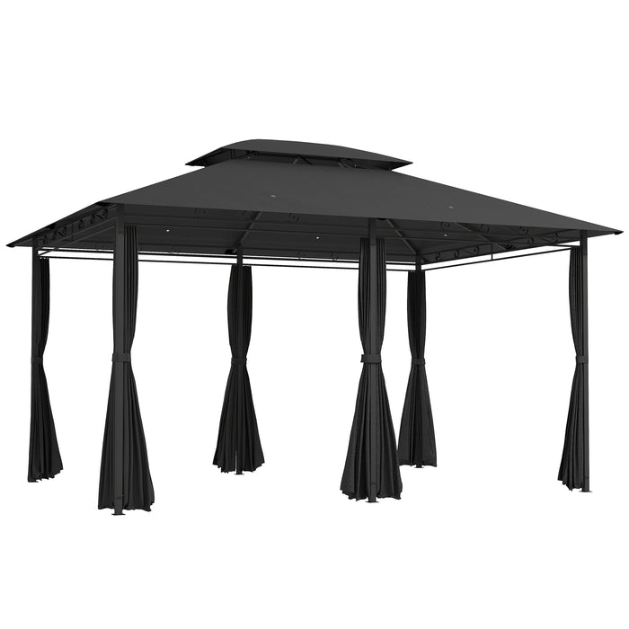 Outsunny 4m x 3(m)Garden Gazebo, Double Roof Outdoor Gazebo Canopy Shelter with Curtains, Solid Steel Frame for Patio, Garden, Black