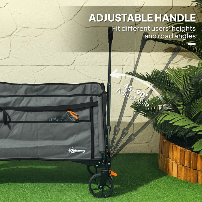 Outsunny Folding Trolley on Wheels, 150L Collapsible Wagon Festival Trolley Cart with Openable Sides, Adjustable Handle and Brakes for Shopping Camping Beach and Garden, Grey