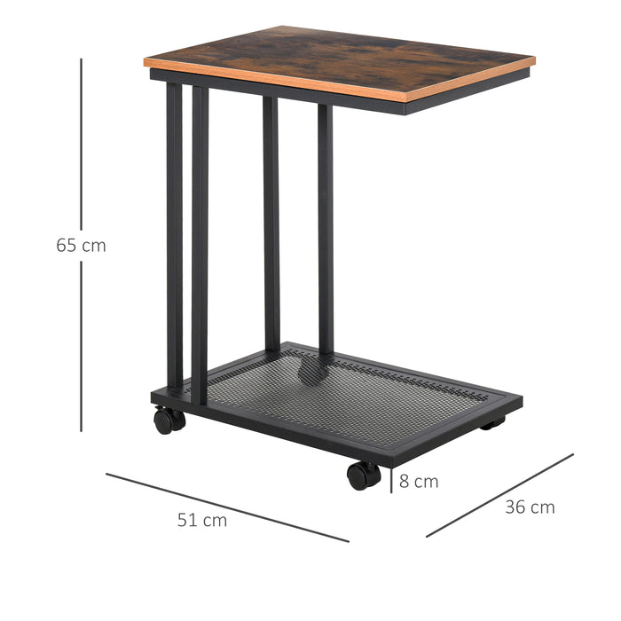 HOMCOM C Shaped Side Table Set of 2 with Wheels, Mobile End Table, Laptop Stand with Metal Frame and Storage Shelf, Rustic Brown