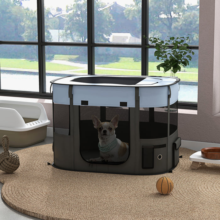 Portable Grey Dog Playpen with Carrying Case - Foldable Pet Enclosure for Indoor or Outdoor Fun - Space-Saving Design with Travel-Friendly Features