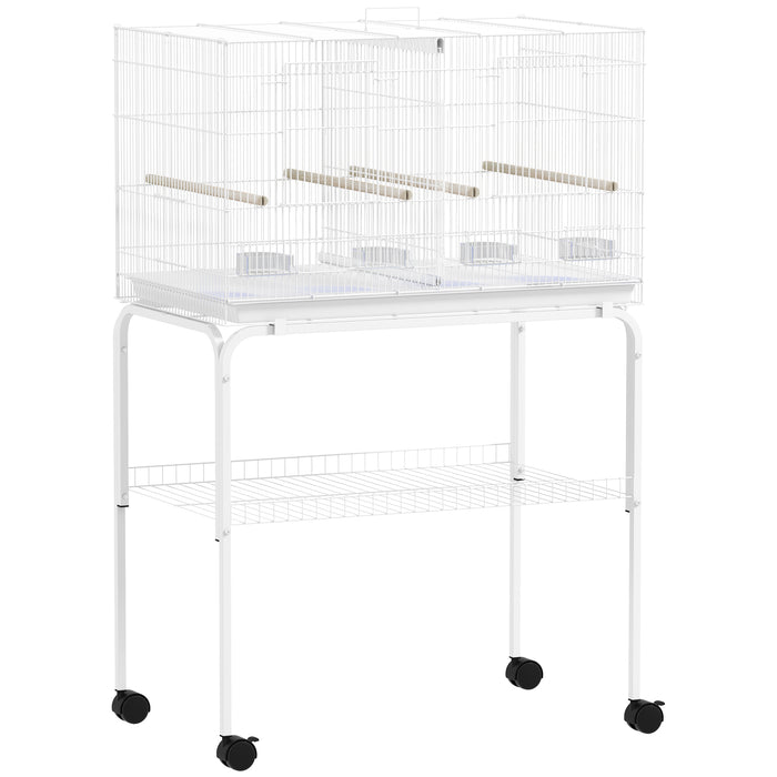 PawHut Bird Cage with Divider, 4 Wooden Perches, Slide Out Tray, 4 Feeders, for Budgie, Lovebird, Canary, 76 x 46 x 116cm White