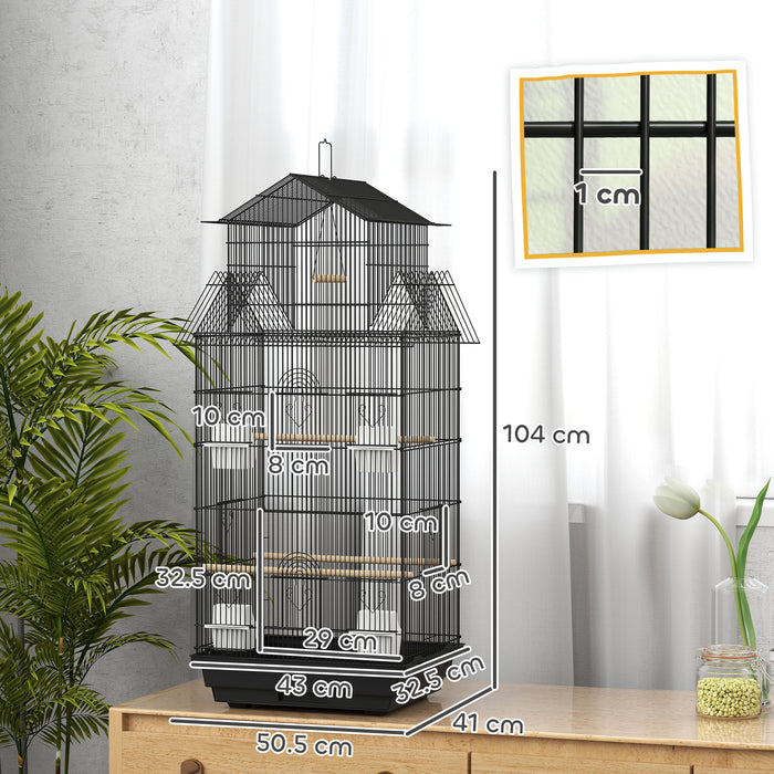 PawHut Metal Bird Cage with Plastic Swing, Perch, Food Container, Tray, Handle, for Finches, Canaries, 43 x 32.5 x 104cm