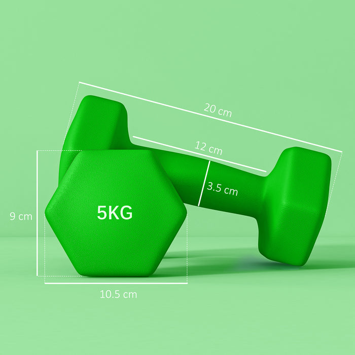 Hexagonal Dumbbell Pair - 2 x 5kg Weights with Non-Slip Grip, Green - Ideal for Home Gym Fitness Training