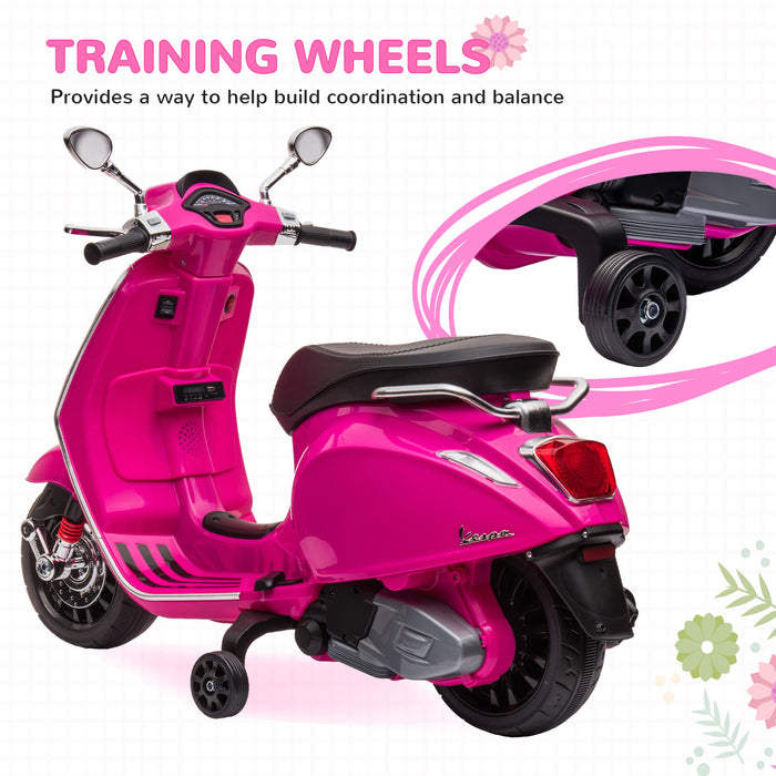 12V Vespa Licensed Ride-On Motorbike for Kids - Electric Motorcycle with Music, Headlights, FM Radio Features - Perfect for Children Aged 3-6 in Pink