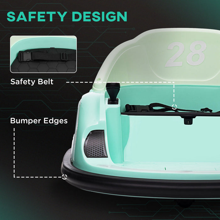 AIYAPLAY 360° Rotation Kids Bumper Car, 12V Waltzer Car with Remote Control, Dual Joysticks, Music Lights - Green | Aosom UK
