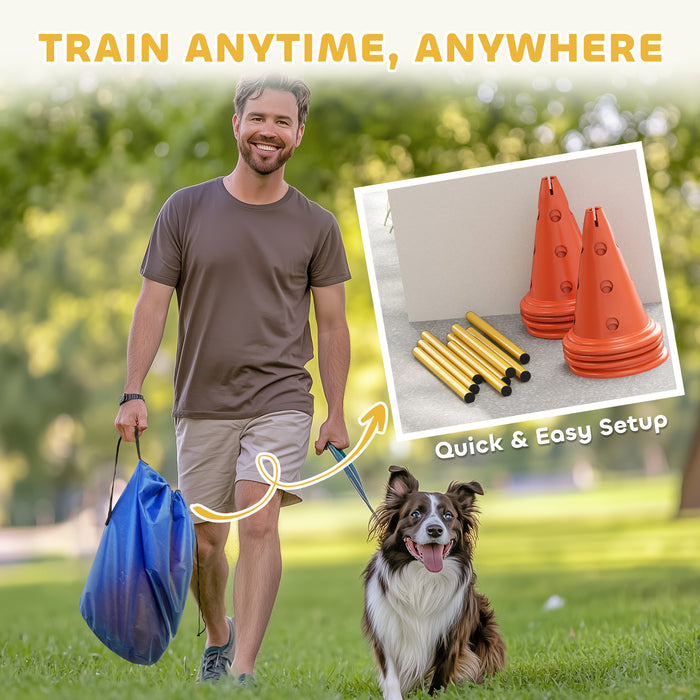 PawHut Dog Agility Equipment Set of Eight Cones, Eight Poles w/ Carry Bag, Four-Piece Adjustable Height Jumping Obstacles