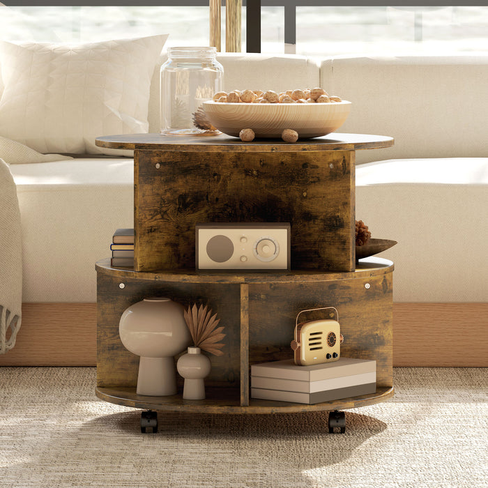 HOMCOM Round Coffee Table with Wheels, 3-Tier Rolling Side Table for Living Room with Divided Shelves, Rustic Brown | Aosom UK