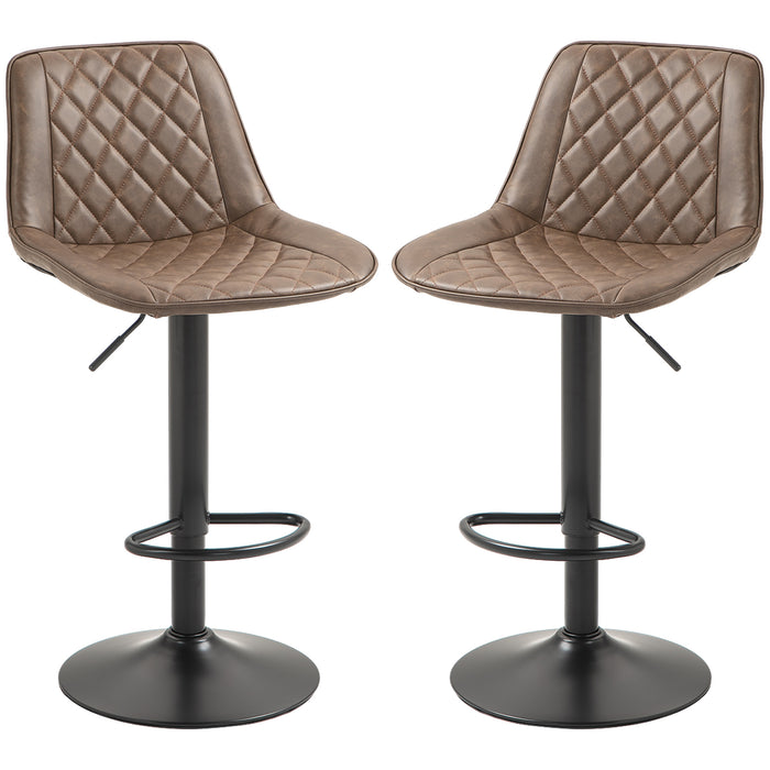 Retro Adjustable Swivel Bar Chairs, Set of 2 - Brown PU Leather Upholstery with Steel Base and Footrest - Comfortable High-Back Kitchen Stools for Home Bar & Dining