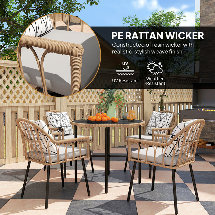 Outsunny 5 Piece Patio Rattan Dining Set, Wicker Garden Table and Chairs w/ Removable Seat & Back Cushions, Round Tempered Glass Tabletop, Parasol Hole, Outdoor Furniture Conservatory Set, Light Brown
