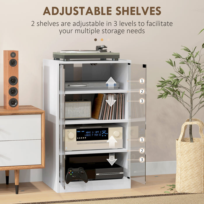 HOMCOM 4-Tier Hi-Fi Stand,  Record Player Stand with Adjustable Shelves and Push-to-Open Glass Doors, White Wood-Effect