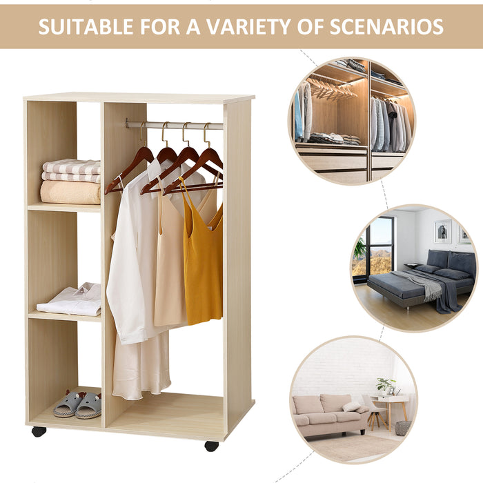 HOMCOM Open Wardrobe on Wheels, Bedroom Wardrobe with Clothes Hanging Rail, 3 Storage Shelves, Mobile Garment Rack for Cloakroom, Hallway, Maple Wood-Effect