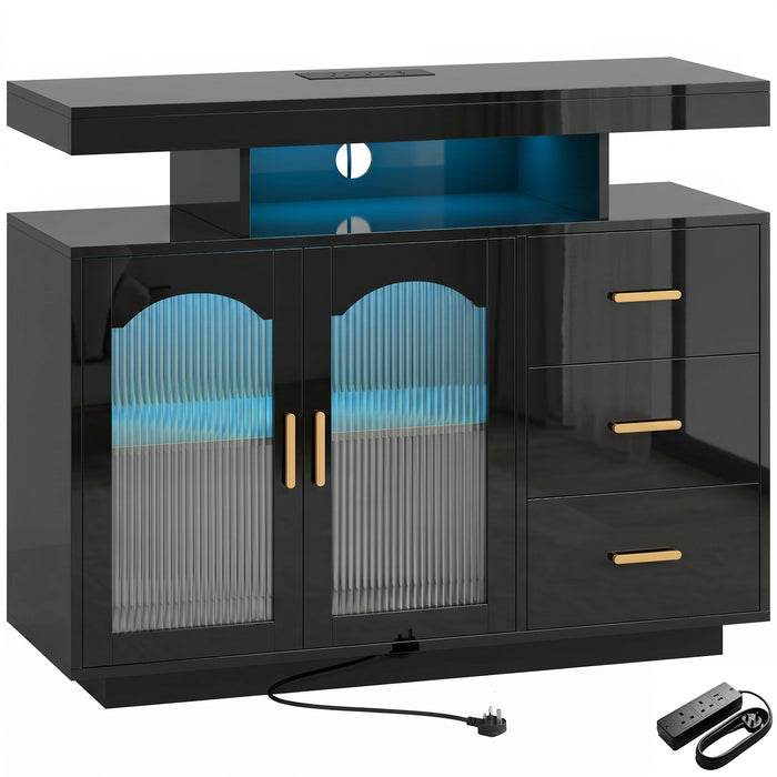 HOMCOM High Gloss Sideboard with LED Lights, Built-in Power Outlets, 3 Drawers, Shelves and 2 Acrylic Doors, Black